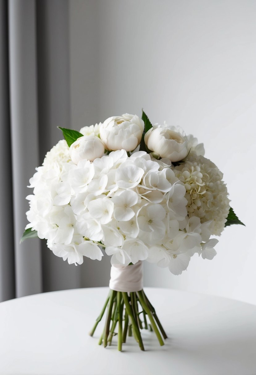 A simple, modern bouquet of white hydrangeas and peonies in a clean, minimalist setting