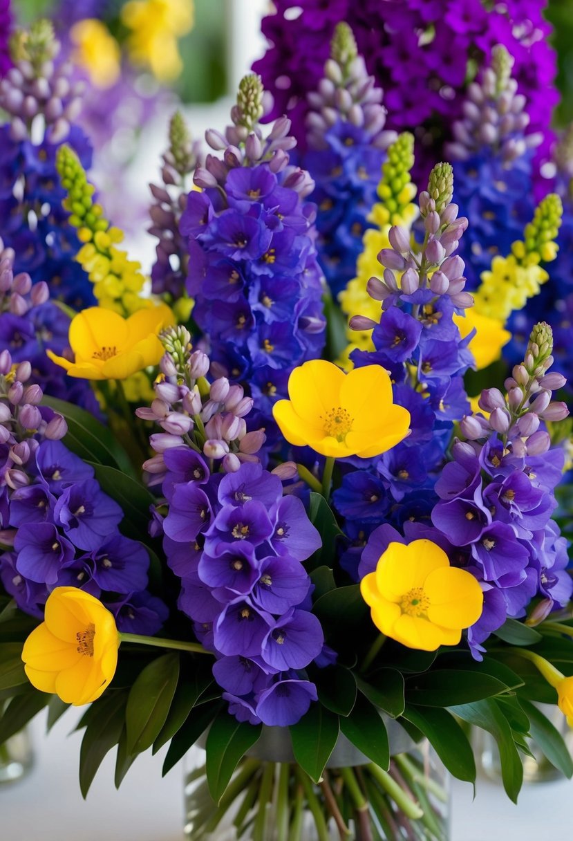 A vibrant bouquet of purple delphiniums and yellow mimosa, arranged in a harmonious display