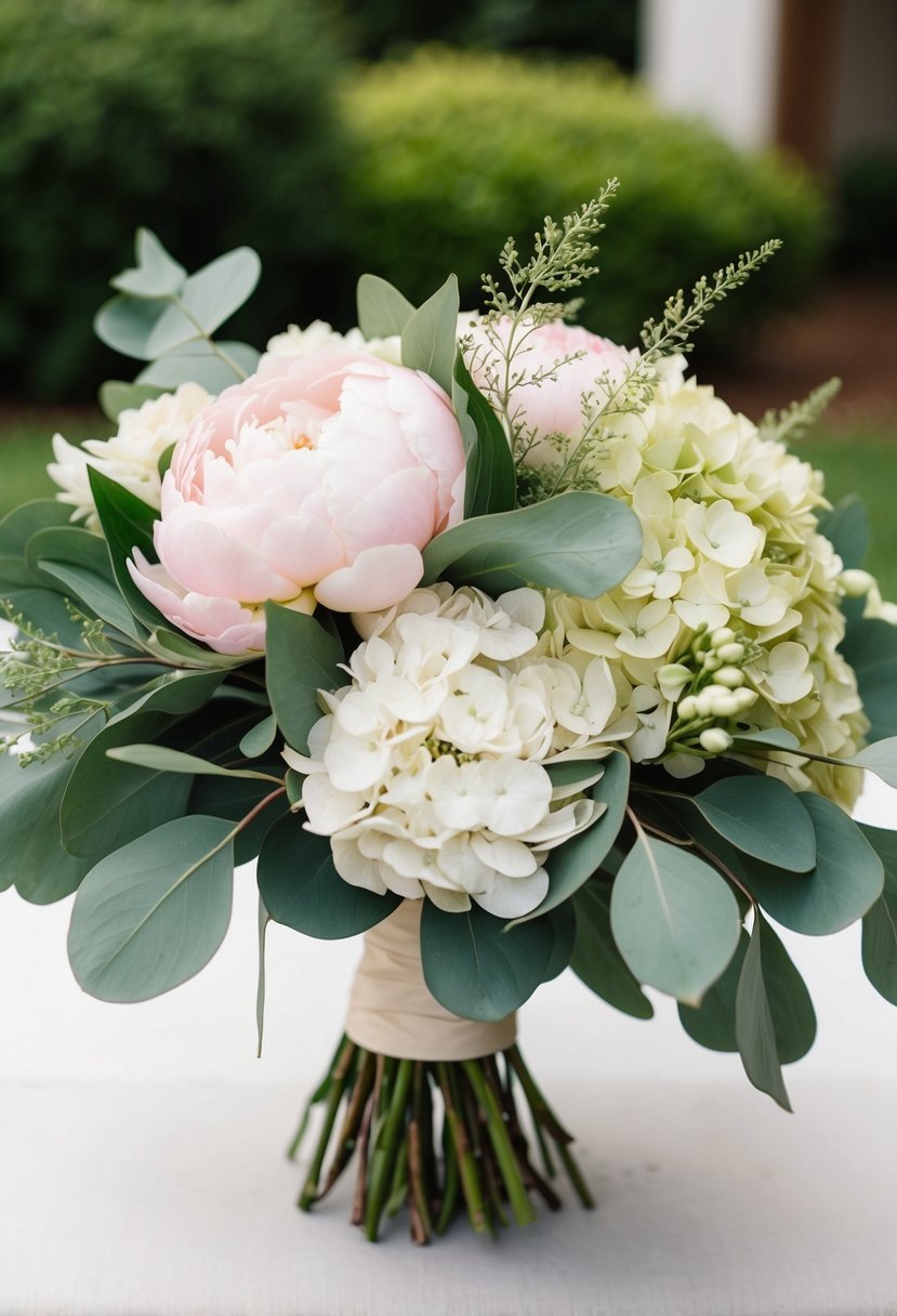 A vintage-style wedding bouquet featuring lush peonies and eucalyptus leaves, with delicate hydrangea accents