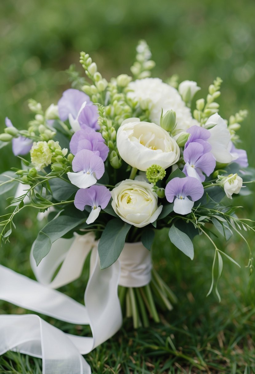 A delicate bouquet of sweet peas and lisianthus arranged in a natural, flowing style with greenery and trailing ribbons