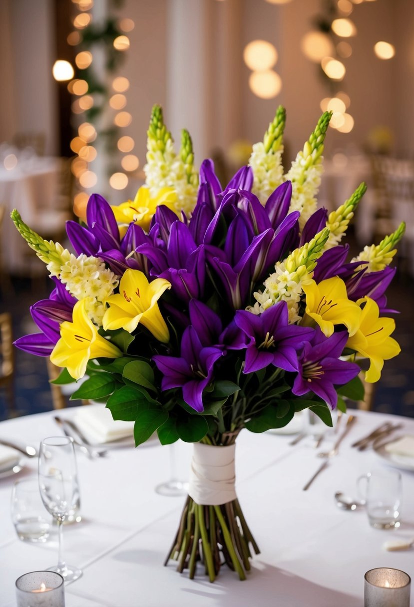 A bouquet of purple stock and yellow alstroemeria arranged in a romantic wedding setting