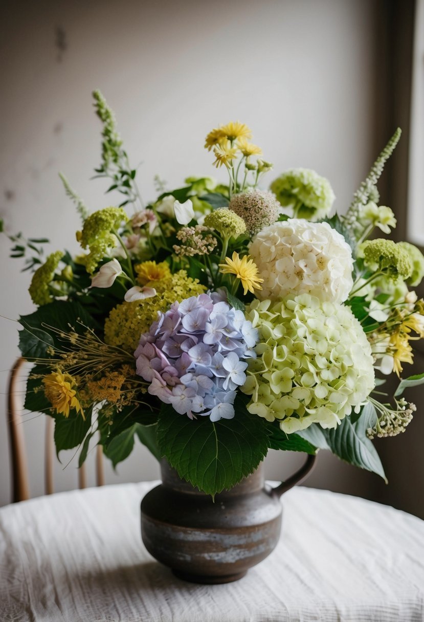 A lush bouquet of bohemian hydrangeas and wildflowers in a rustic vase