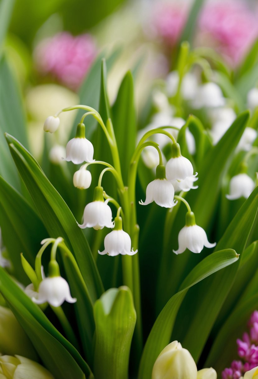 A delicate lily of the valley bouquet nestled among fresh spring blooms