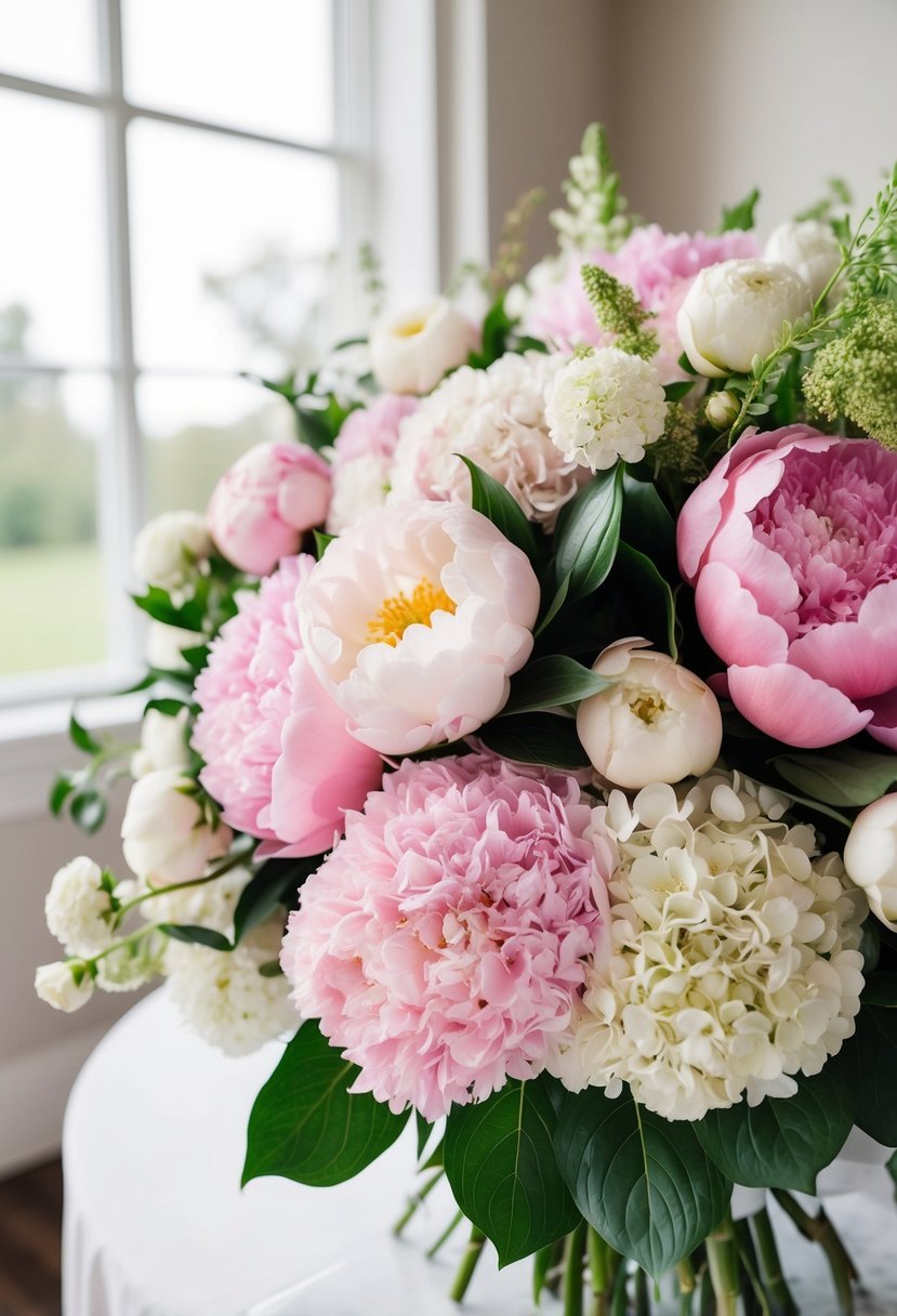 A lush, classic bouquet of pink and white peonies and hydrangeas, arranged in a wedding-ready display