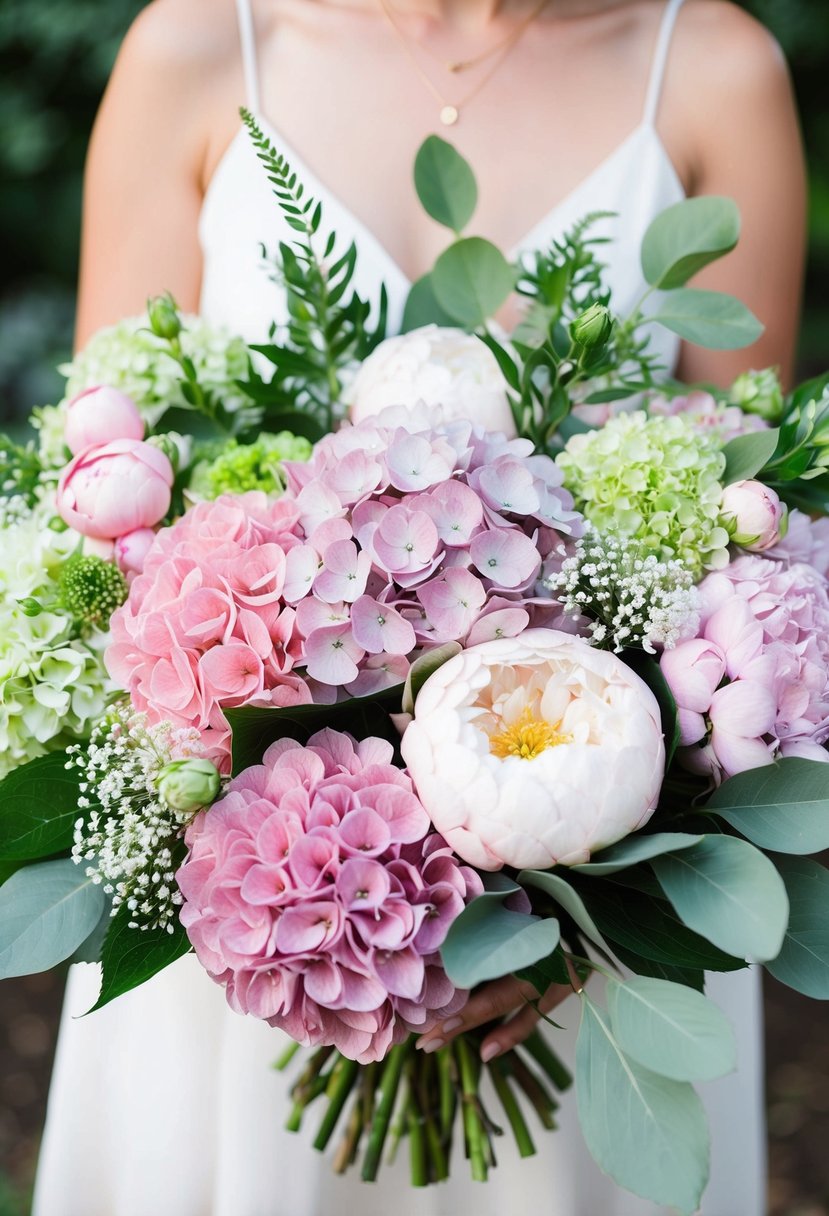 A lush bouquet of hydrangeas and peonies in various shades of pink and white, with greenery and delicate baby's breath accents