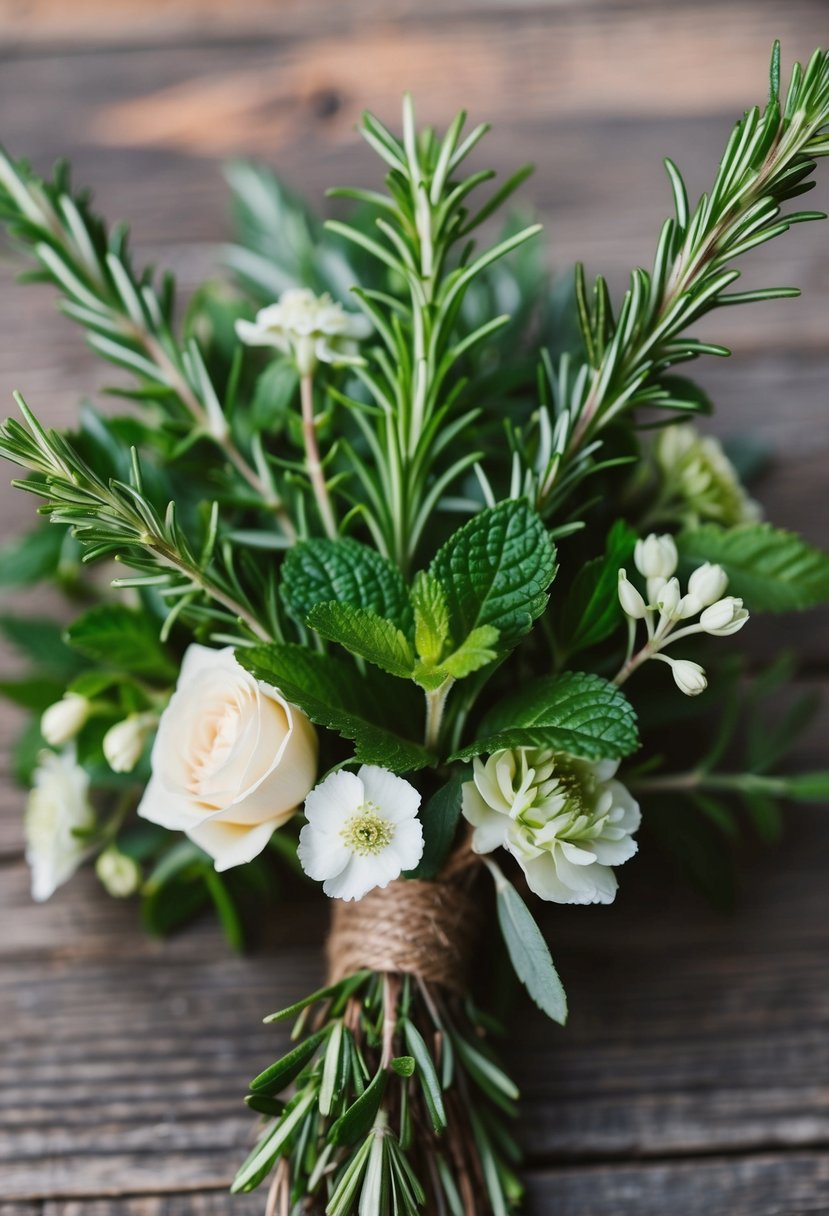 Rosemary and mint intertwined with delicate flowers in a rustic wedding bouquet