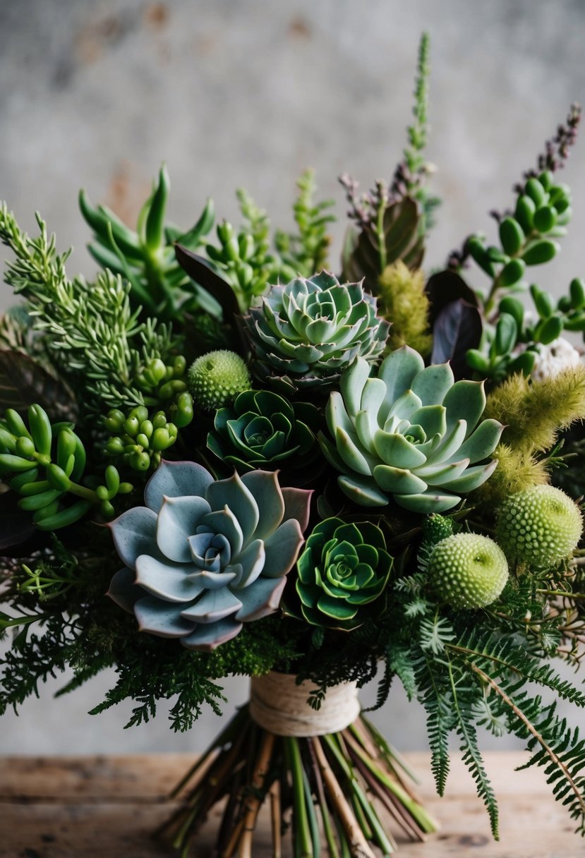 A lush bouquet of earthy greens and succulents, arranged in a natural and organic style, with a mix of textures and tones