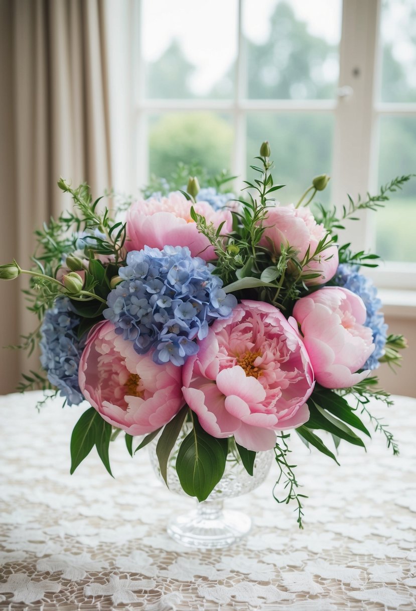 A lush bouquet of pink peonies and blue hydrangeas, intertwined with delicate greenery, sits in a crystal vase on a lace-covered table