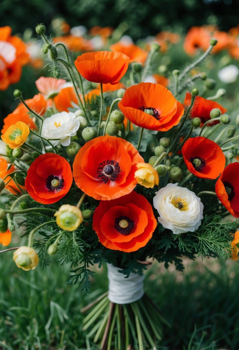 A lush bouquet of vibrant poppies and primroses arranged in a natural and organic style, perfect for a wedding celebration