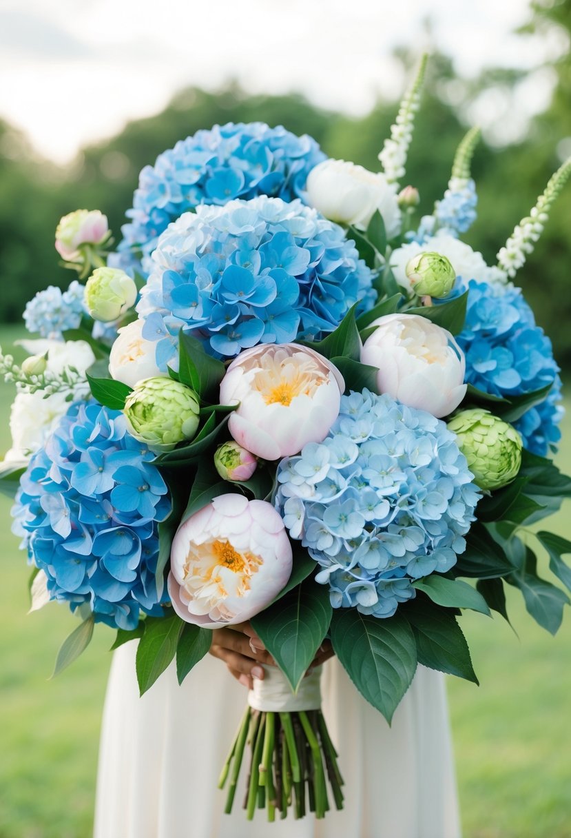 A bold statement: A lush wedding bouquet of blue hydrangeas and peonies, arranged in a cascading style