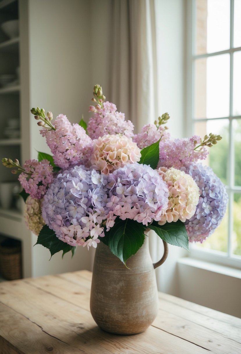 A soft pastel bouquet of lilac and hydrangeas arranged in a rustic vase on a wooden table, with natural light streaming in from a nearby window