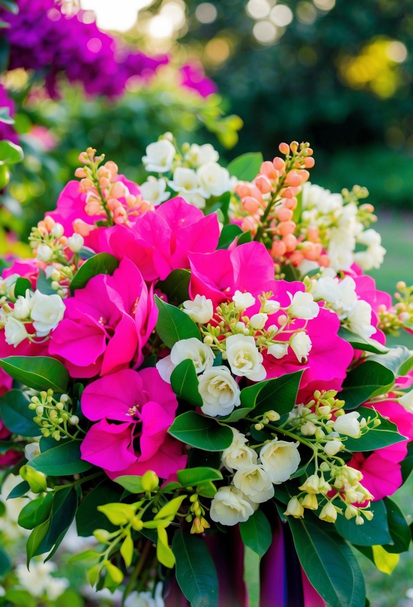 Vibrant bougainvillea and delicate jasmine intertwine in a lush, colorful wedding bouquet