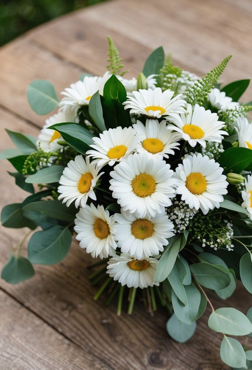 A vibrant bouquet of white daisies, accented with soft green foliage, rests on a rustic wooden table, ready for a wedding celebration