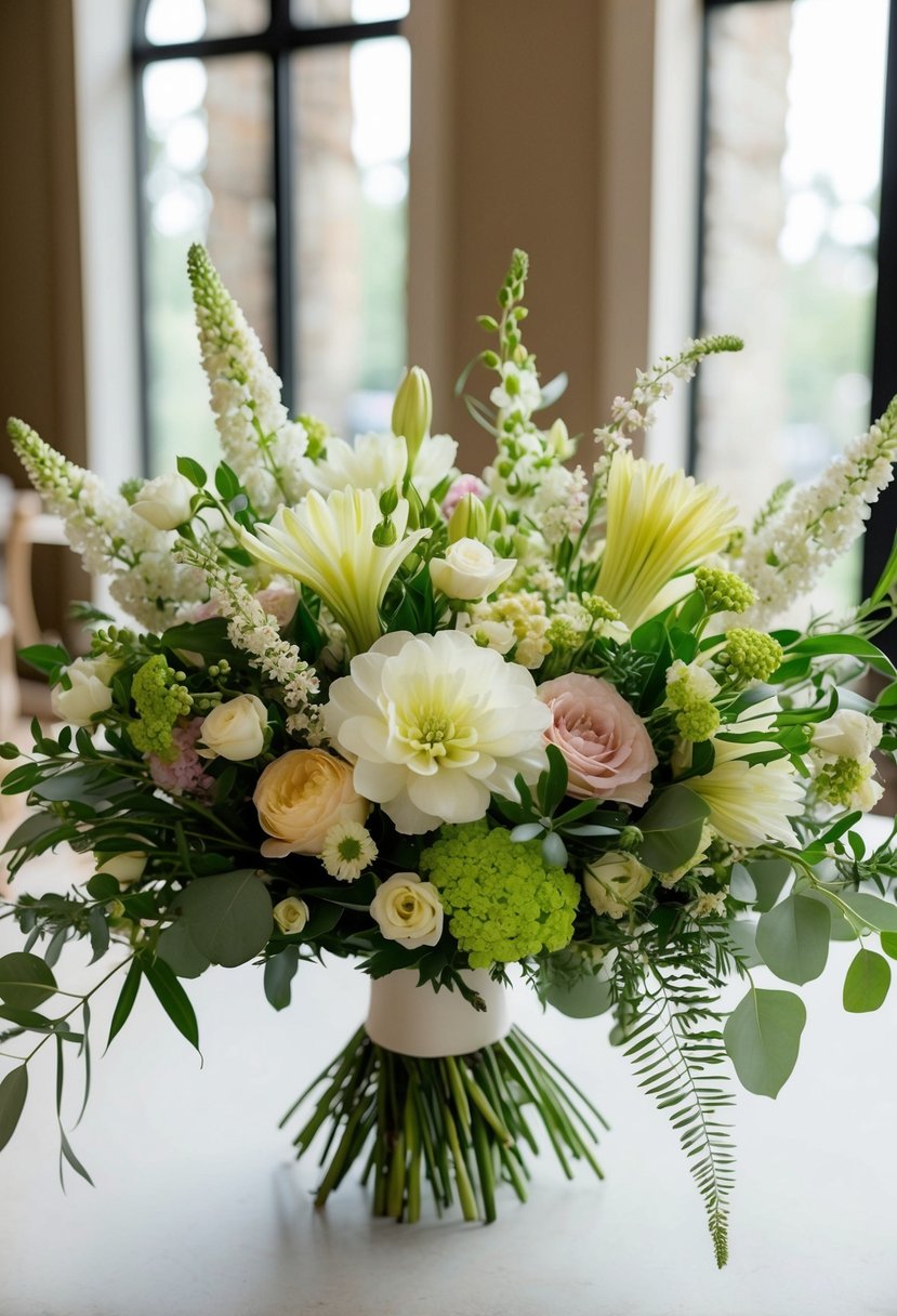 A lush bouquet of Sweet William, Medley, and other natural flowers arranged in an elegant and romantic wedding style