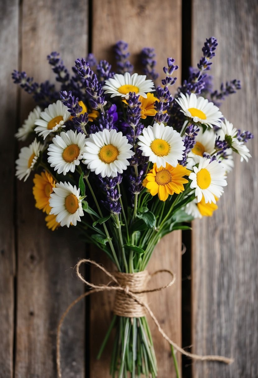 A rustic bouquet of daisies and lavender tied with twine