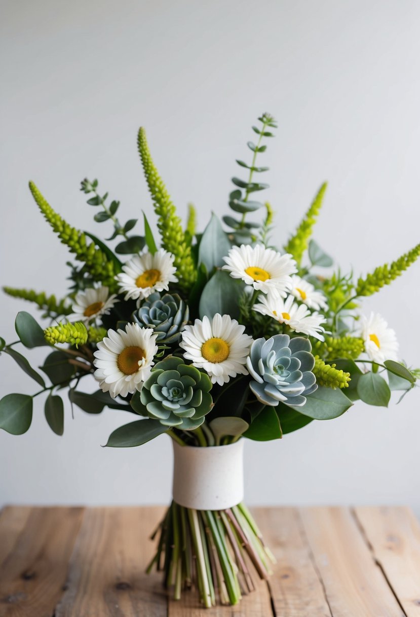 A bouquet of daisies and succulents arranged in a modern, minimalist style, with clean lines and a fresh, natural feel