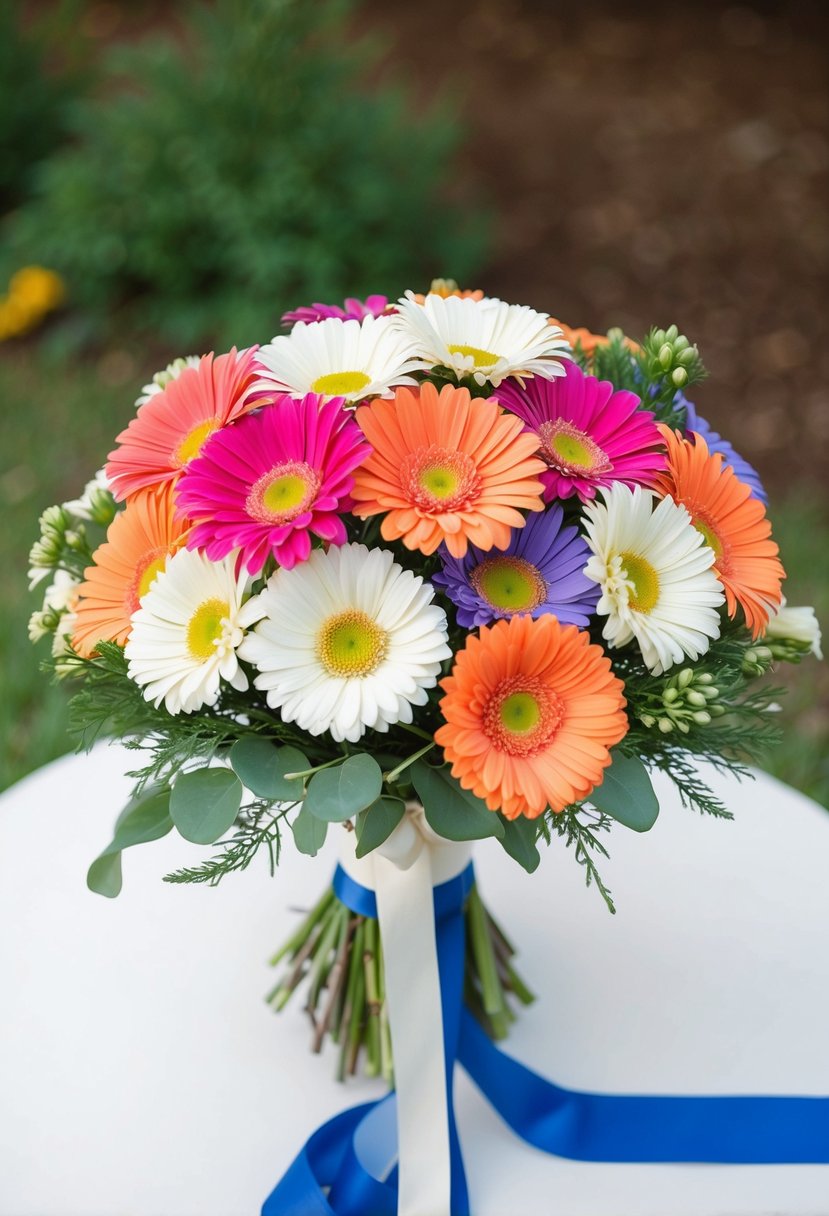 A vibrant wedding bouquet of Gerbera daisies in various colors, arranged in a loose, natural style with greenery and ribbon accents