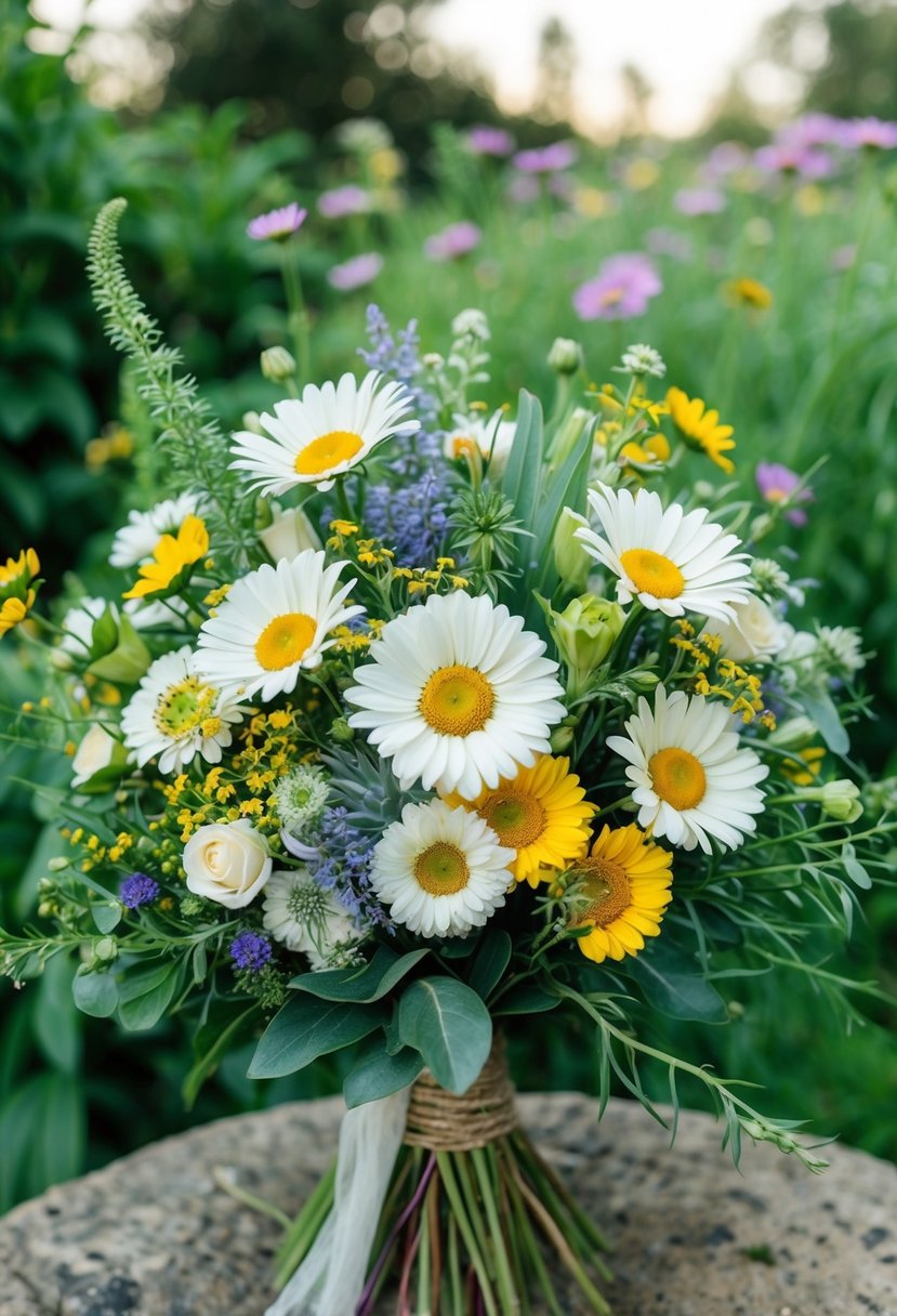 A lush bouquet of daisies and wildflowers, intertwined with greenery, creates a bohemian vibe