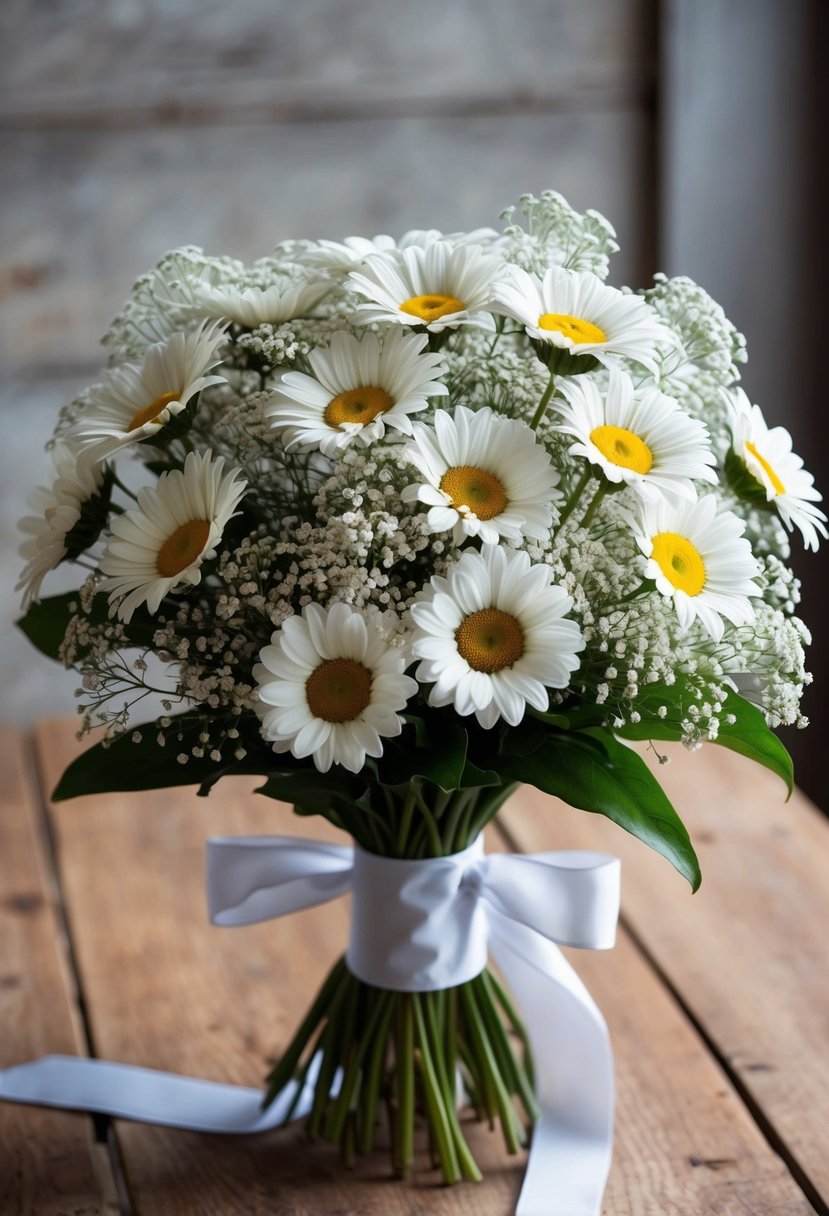 A bouquet of classic white daisies and baby's breath, elegantly arranged with a satin ribbon, sitting on a rustic wooden table