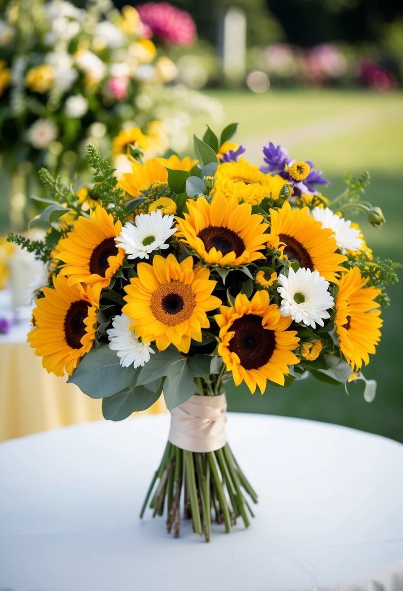 A vibrant wedding bouquet featuring a mix of yellow daisies and sunflowers, arranged in a beautiful and elegant composition