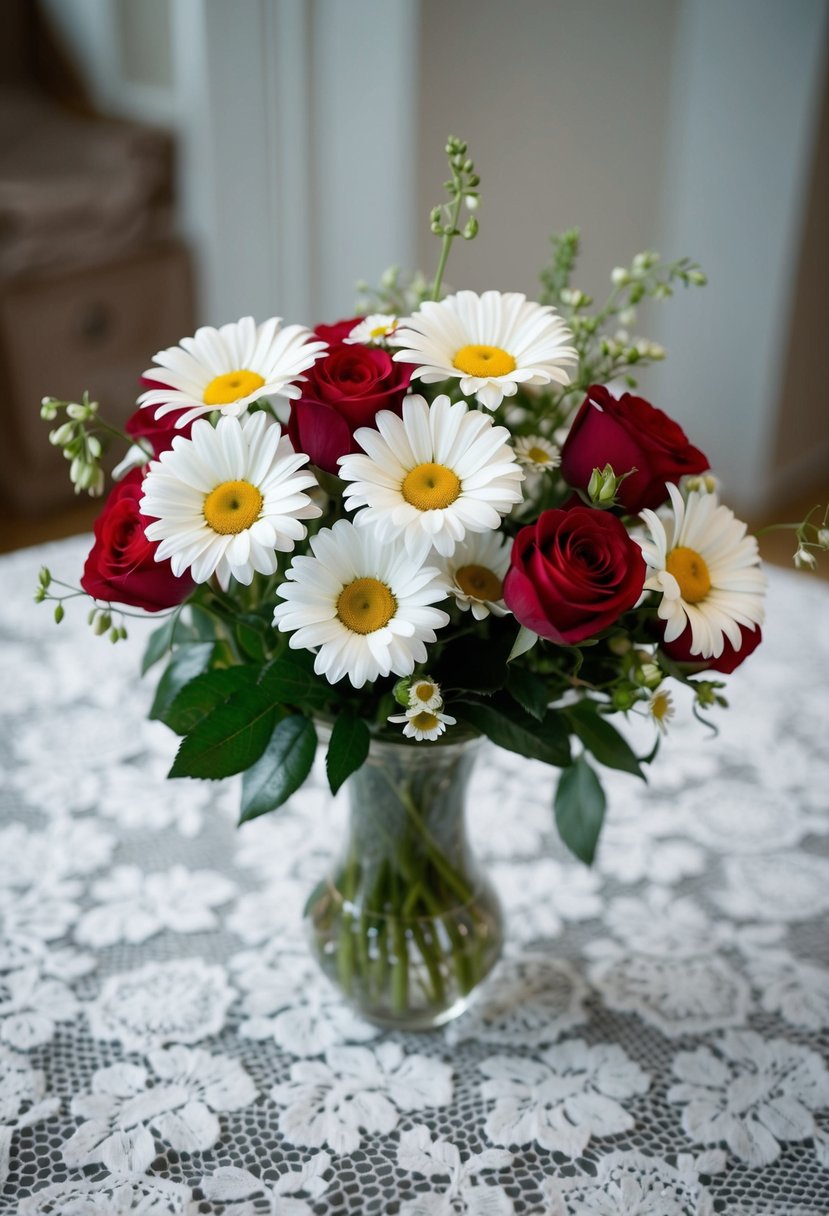 A delicate bouquet of white daisies and red roses arranged in a glass vase on a lace-covered table