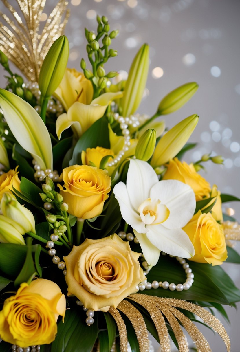 A lush bouquet of golden roses, lilies, and orchids, accented with shimmering gold foliage and delicate pearls