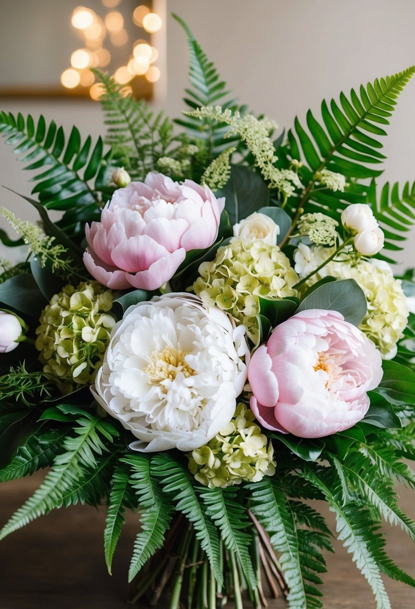 A lush bouquet of peonies, hydrangeas, and ferns arranged in a chic and elegant manner, perfect for a wedding celebration