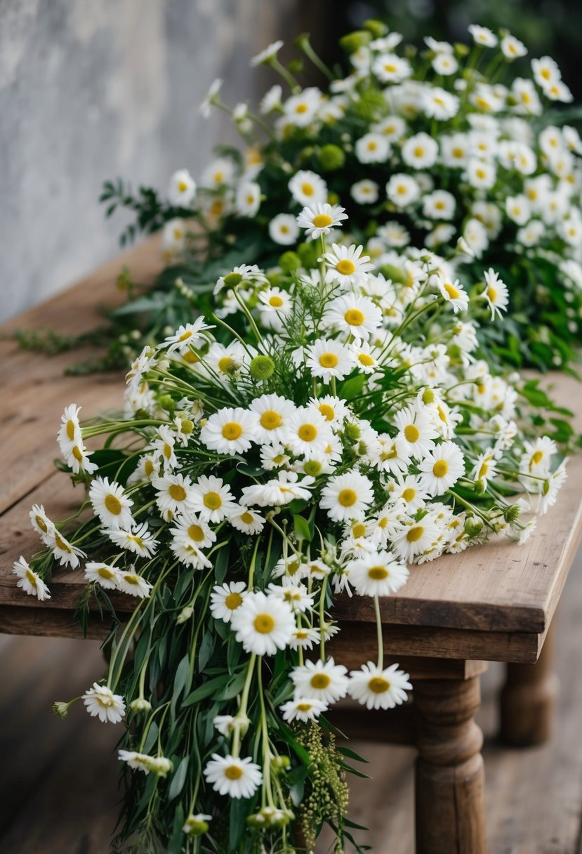 A cascading bouquet of white daisies, interspersed with greenery, spills over a rustic wooden table