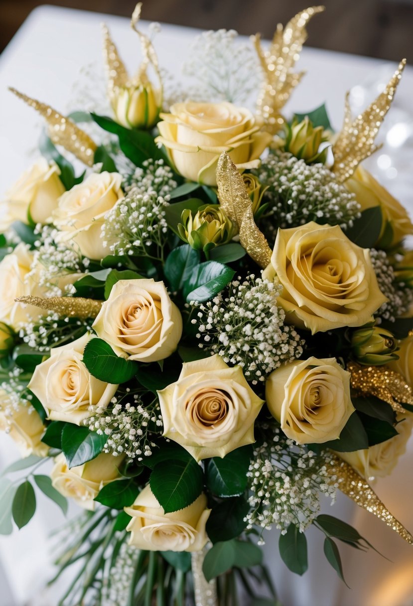 A lush bouquet of gold roses and delicate baby's breath, intertwined with shimmering gold accents, creating a stunning and elegant wedding arrangement