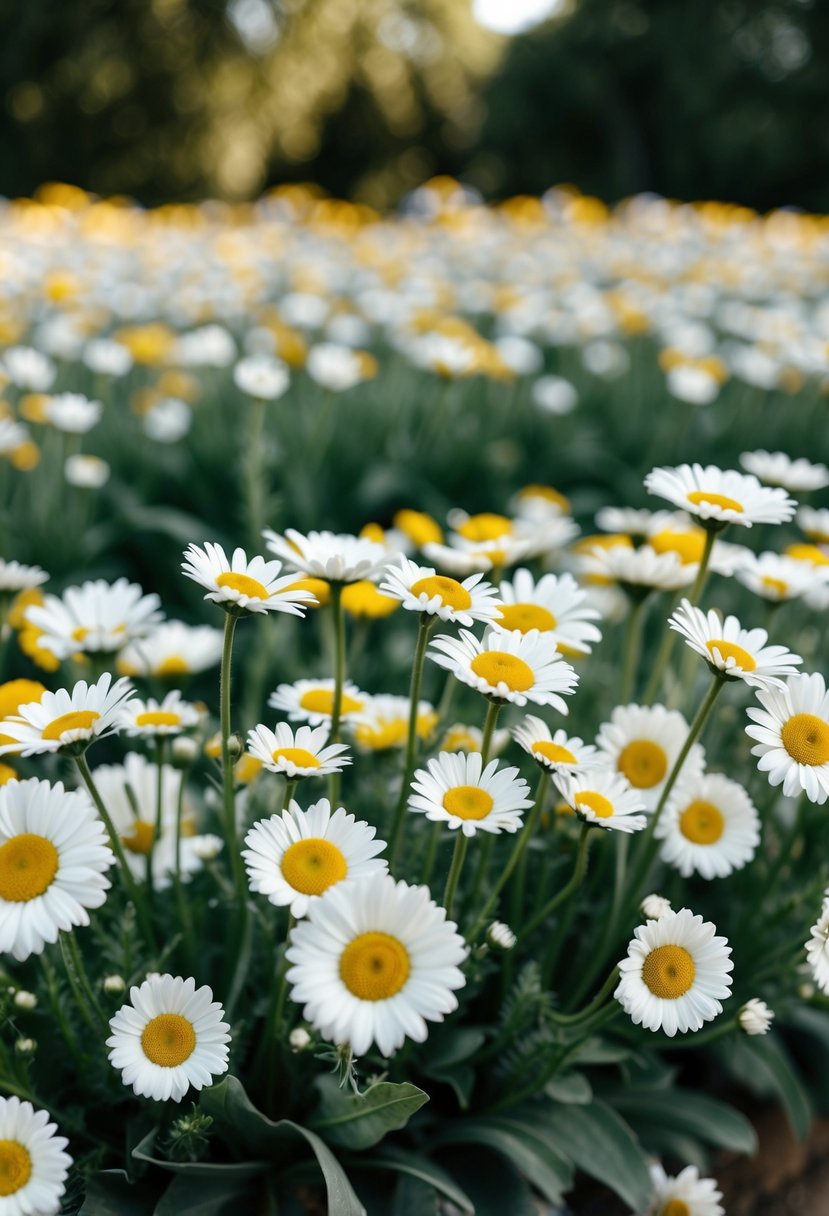 A field of daisies in different sizes, arranged to create depth and texture for wedding bouquet inspiration