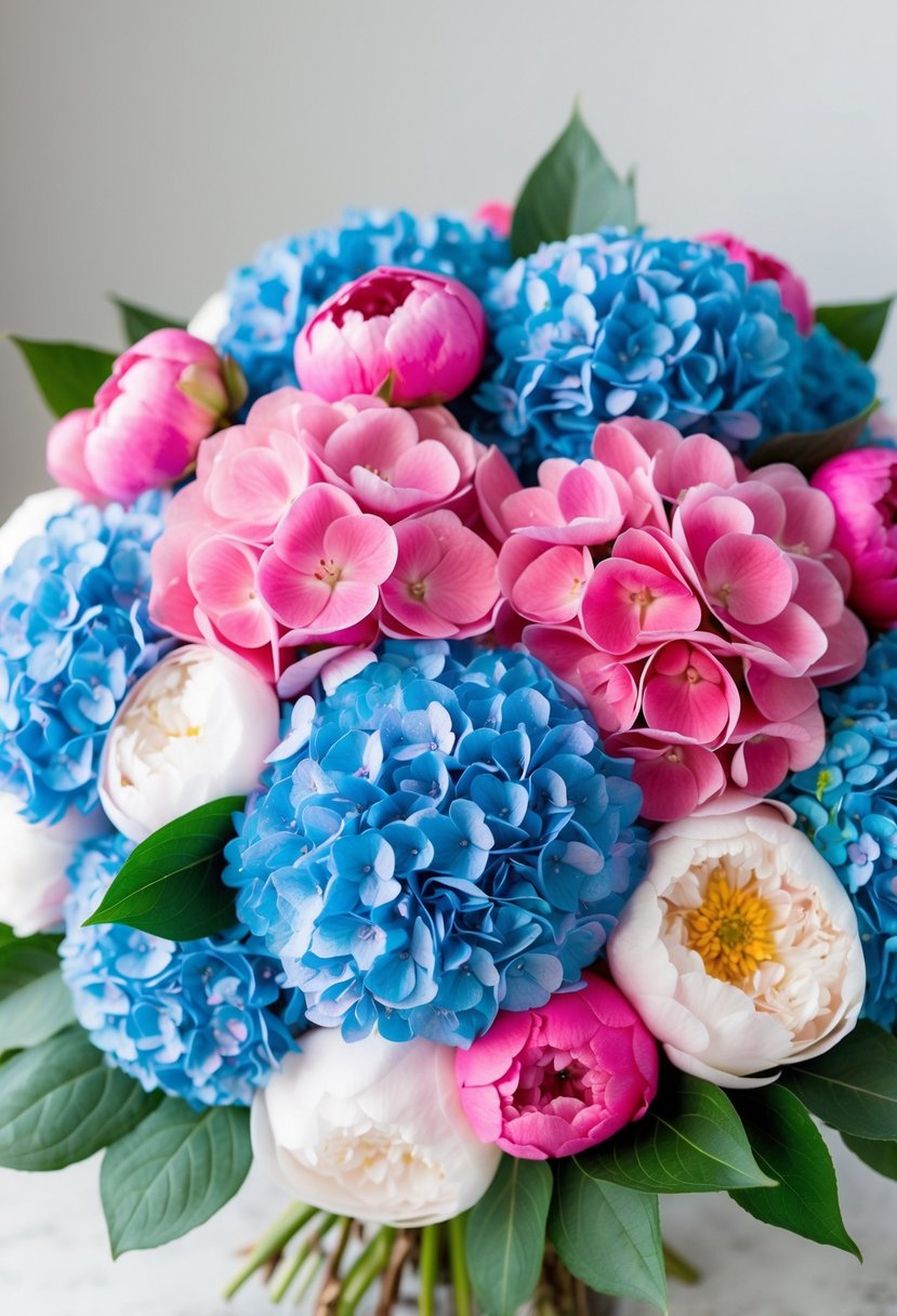 A lush bouquet of pink and blue hydrangeas and peonies, carefully arranged in a balanced and elegant composition