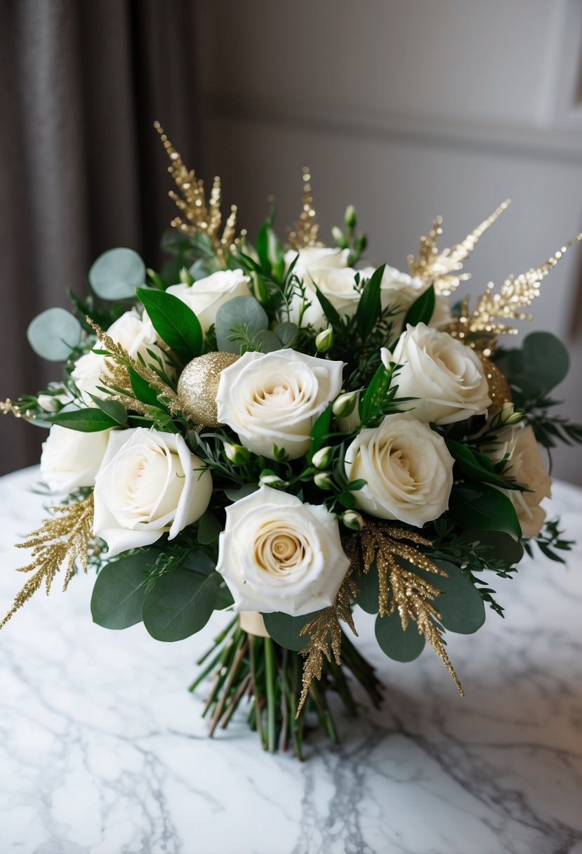 A lush bouquet of white roses and greenery, accented with sparkling gold glitter, sits on a marble table