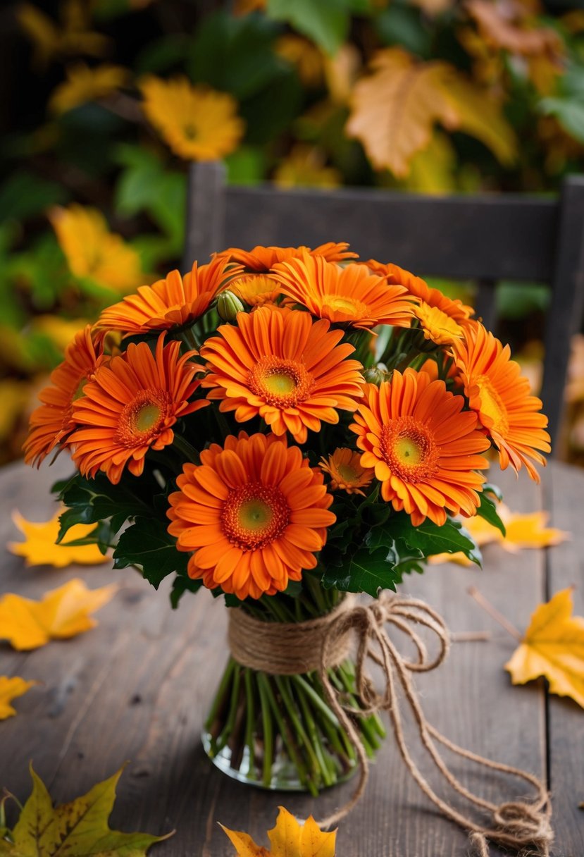 A lush bouquet of bright orange daisies, tied with a rustic twine ribbon, sits on a wooden table surrounded by autumn leaves