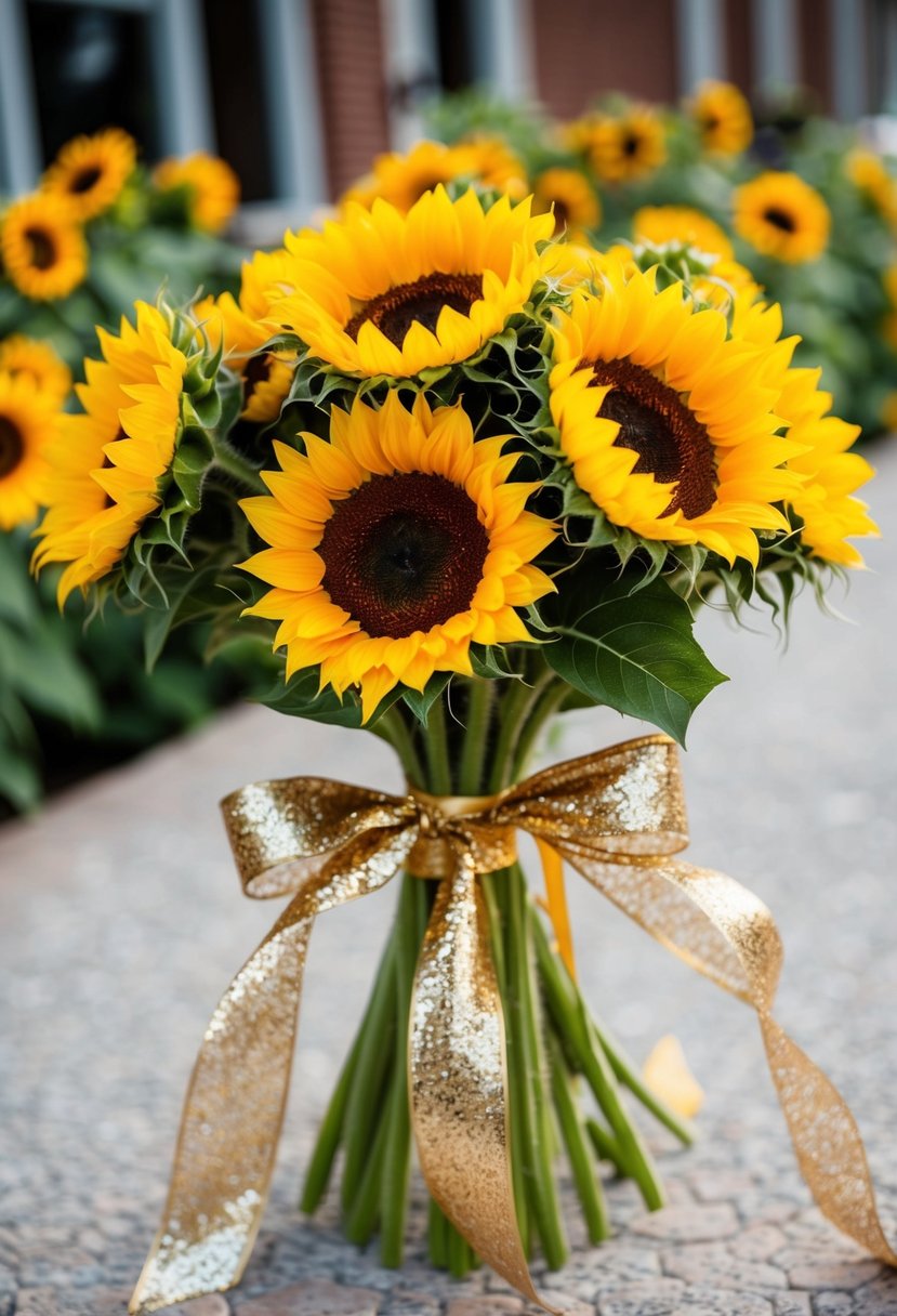 A bouquet of vibrant sunflowers tied with shimmering gold ribbons