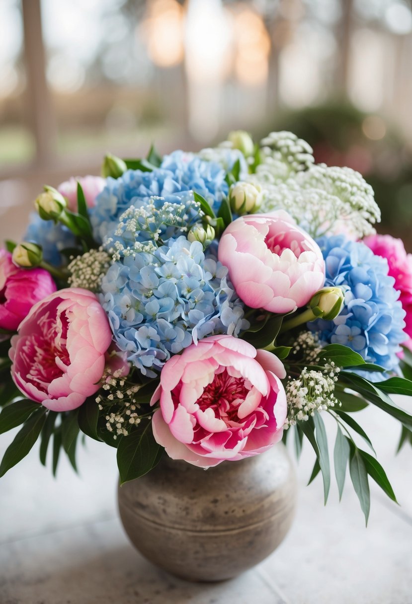 A lush bouquet of pink peonies, blue hydrangea, and delicate baby's breath arranged in a rustic vase