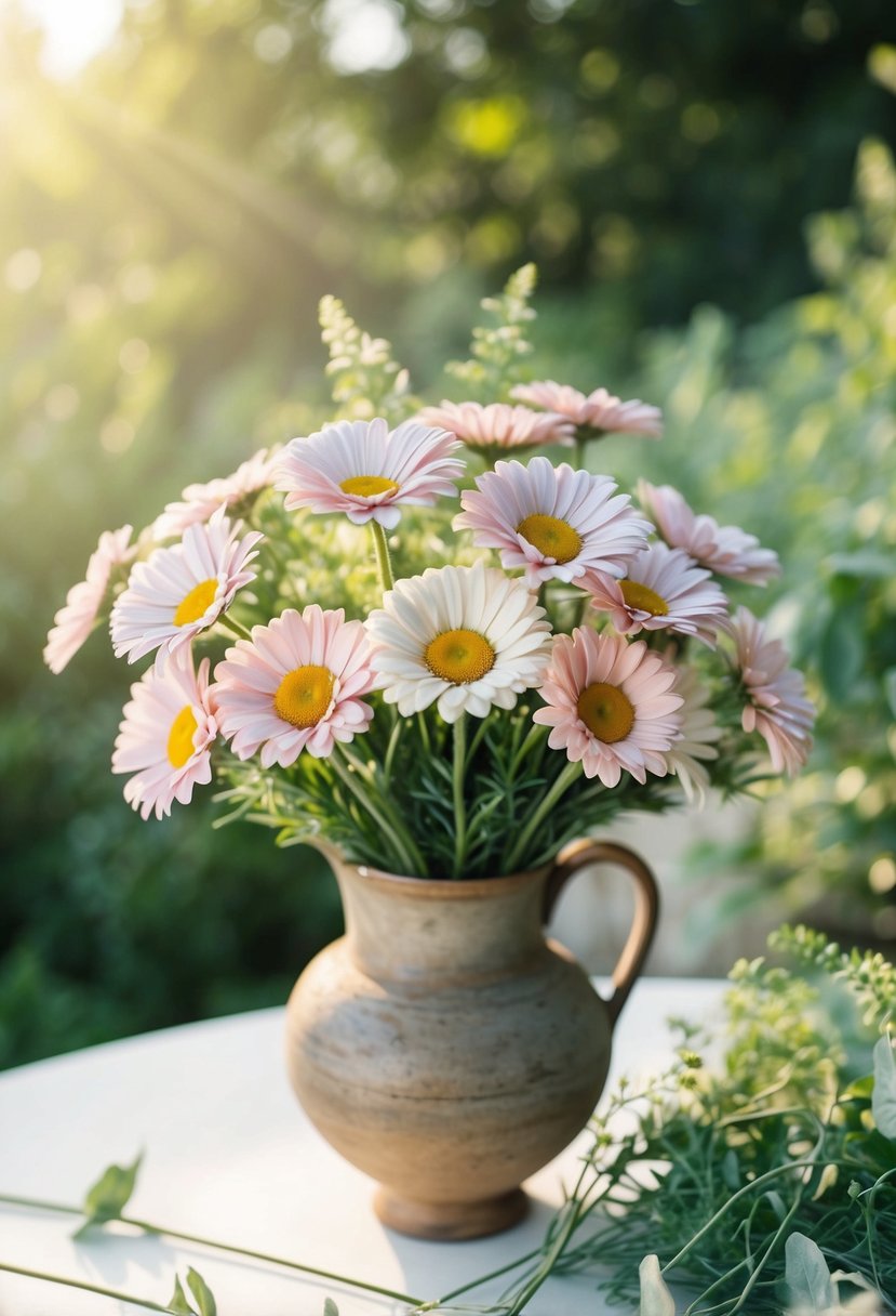 A delicate bouquet of pastel-colored daisies arranged in a rustic vase, surrounded by soft sunlight and greenery