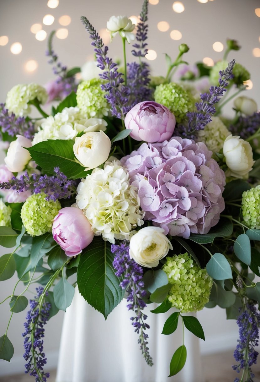 A lush bouquet of hydrangeas, peonies, and lavender accents arranged in a delicate, cascading design