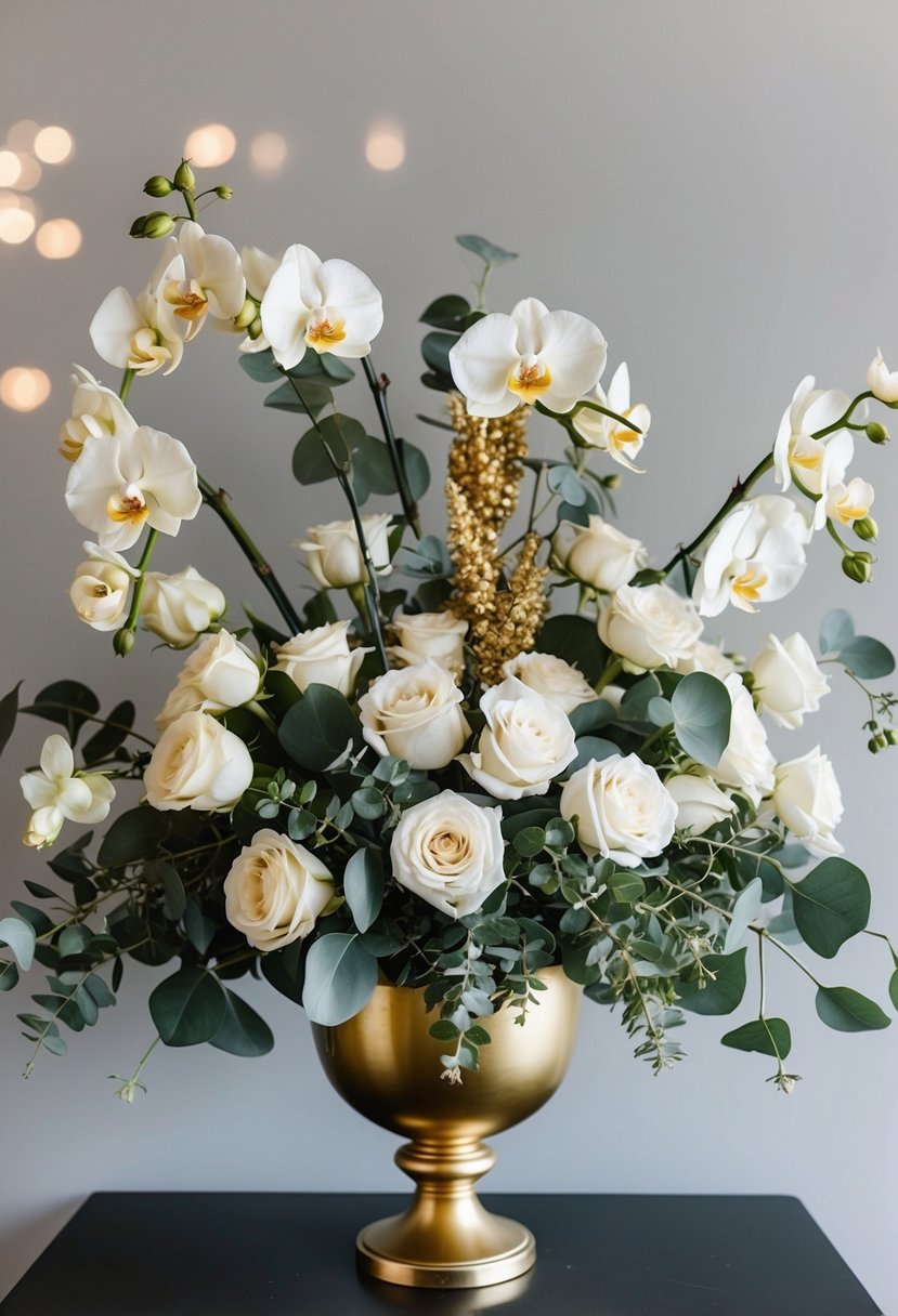 A lush bouquet of white roses, eucalyptus, and golden orchids cascading from a gilded vase