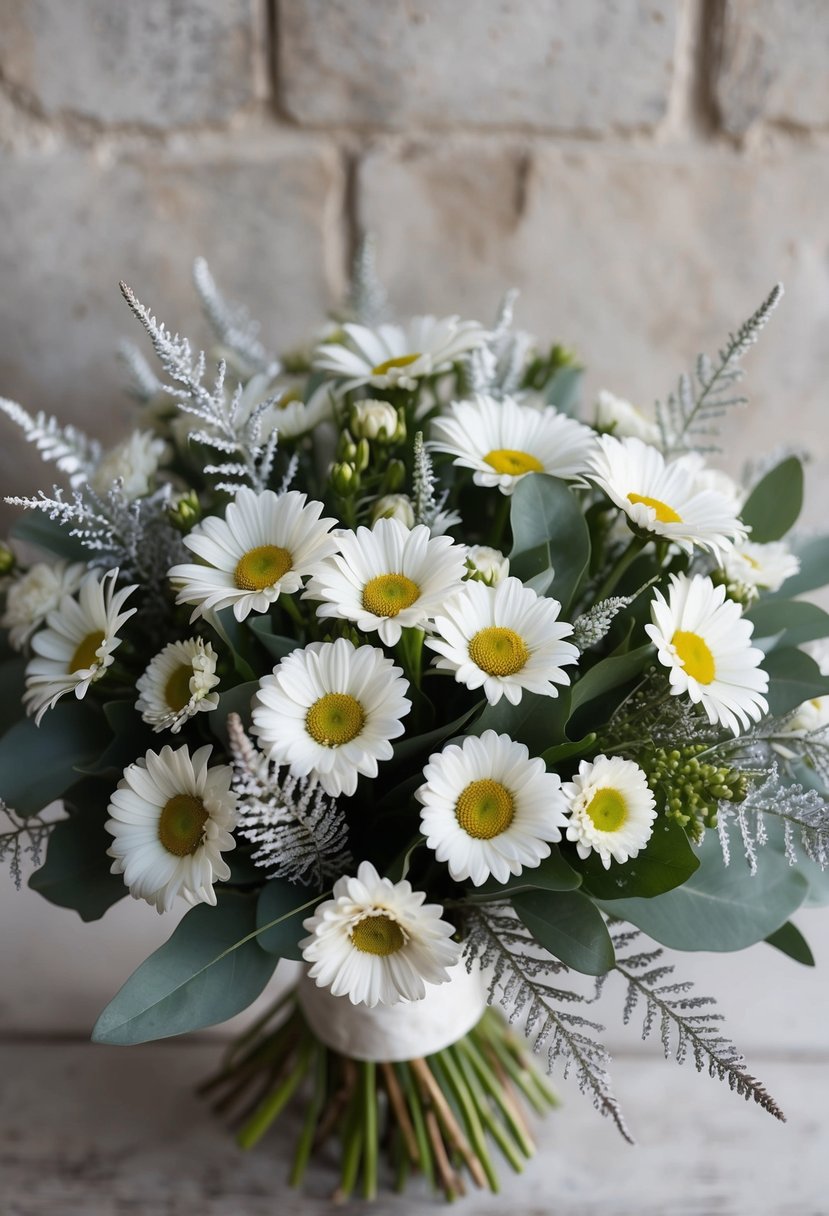 A bouquet of white daisies with delicate silver accents, arranged in a rustic yet elegant style, perfect for a winter wedding