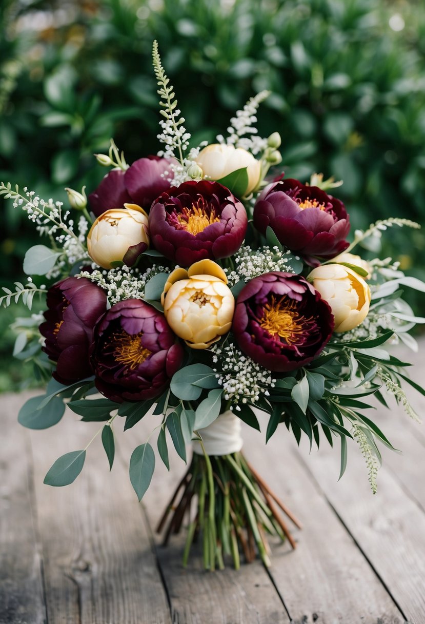 A lush bouquet of burgundy and gold peonies arranged in a cascading style, with greenery and delicate sprigs of baby's breath