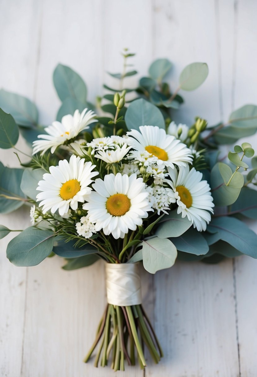 A delicate wedding bouquet of white daisies intertwined with fresh eucalyptus leaves