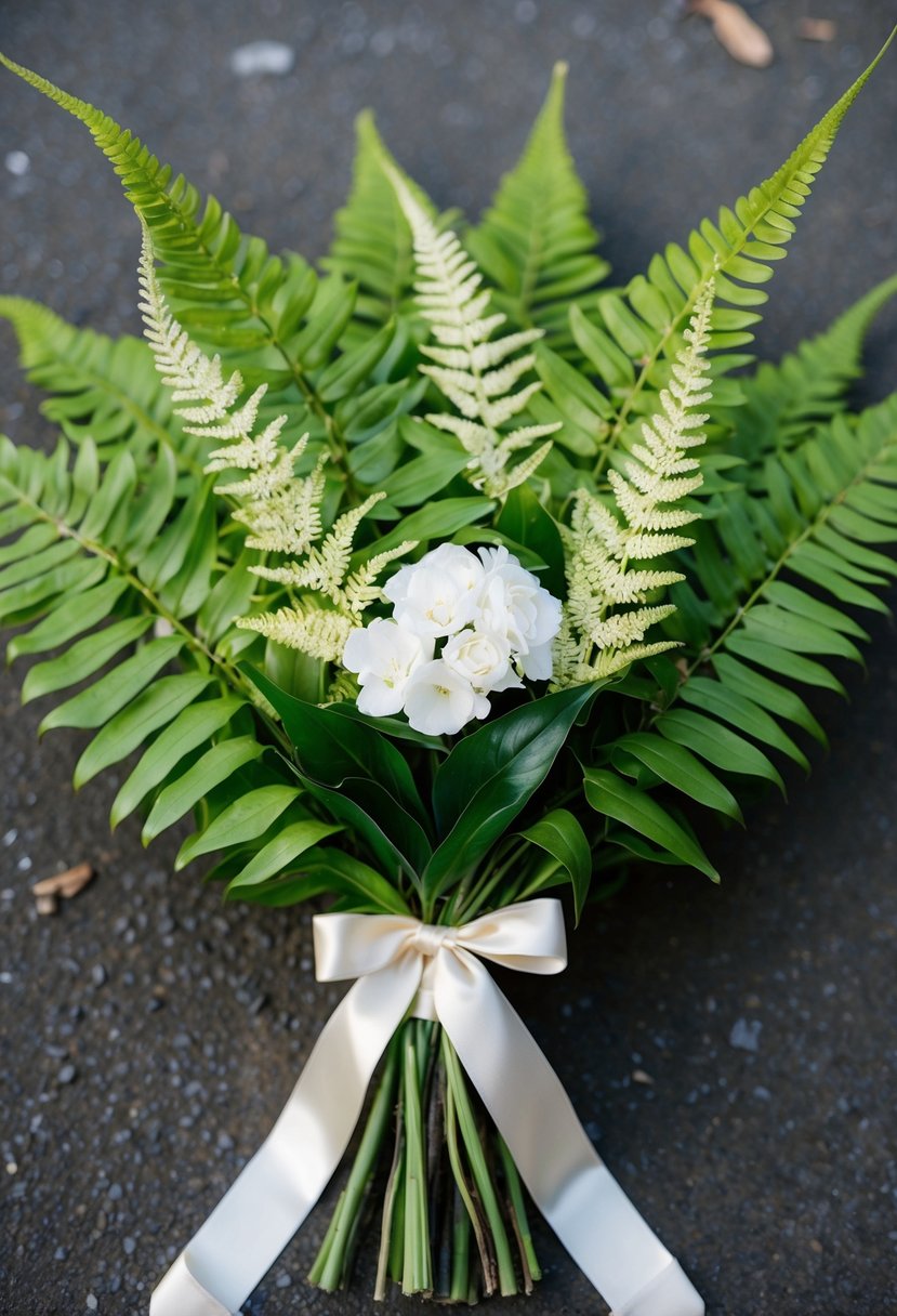 A lush bouquet of golden fern leaves, accented with delicate white blooms, tied with a satin ribbon