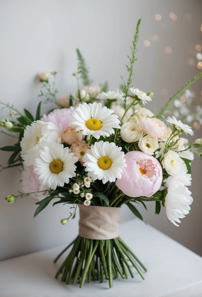 A delicate bouquet of daisies and peonies arranged in a soft, romantic style