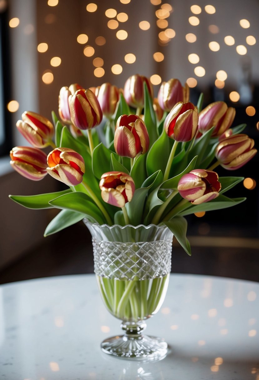 A lush bouquet of gold-edged tulips in a crystal vase