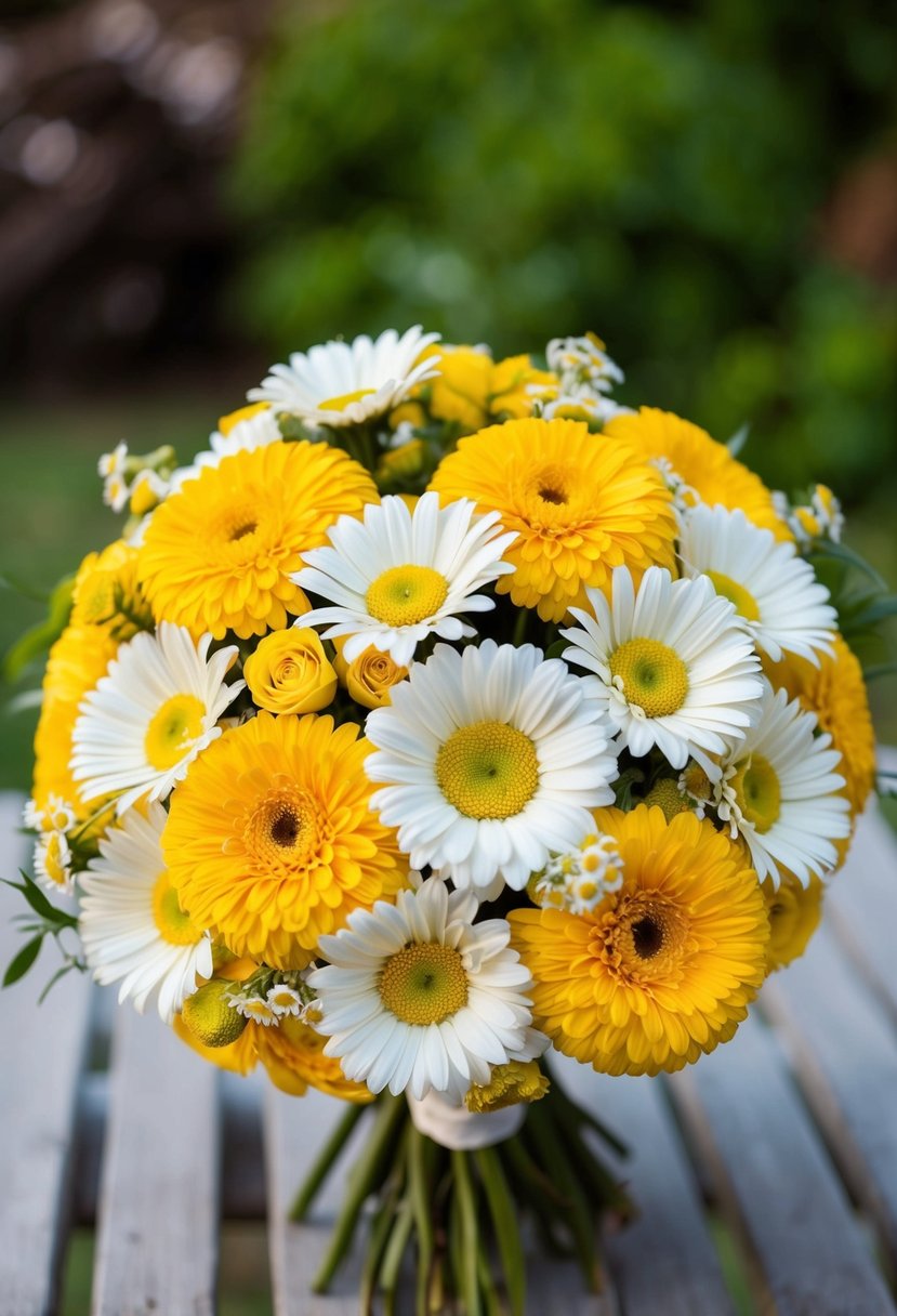 A vibrant wedding bouquet featuring yellow billy balls and daisies