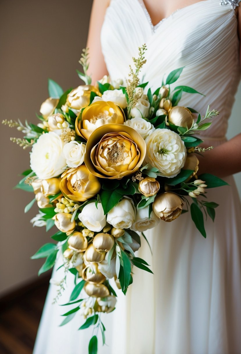 A golden wedding bouquet made of silk flowers arranged in an elegant, cascading design