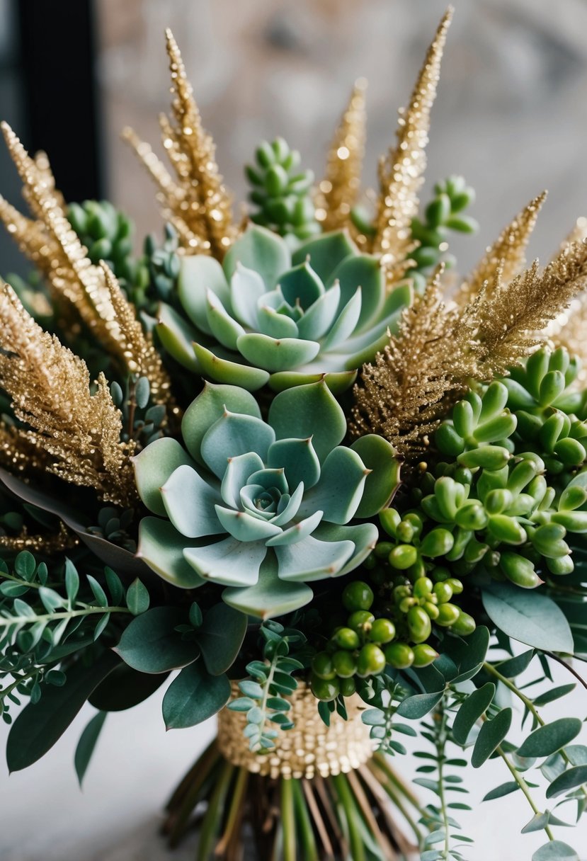 A lush bouquet of gold succulents and delicate foliage, accented with shimmering metallic details