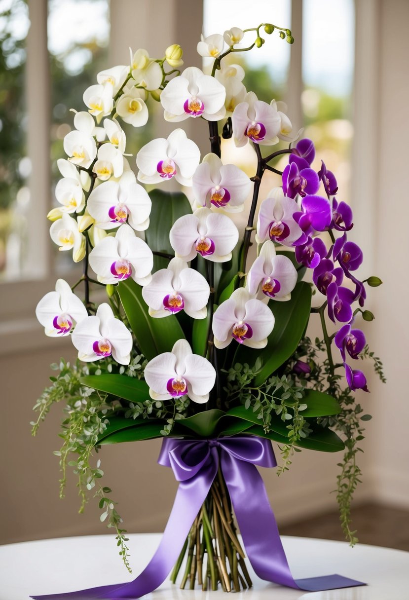 A lush bouquet of delicate orchids in shades of white, pink, and purple, arranged with cascading greenery and tied with a satin ribbon