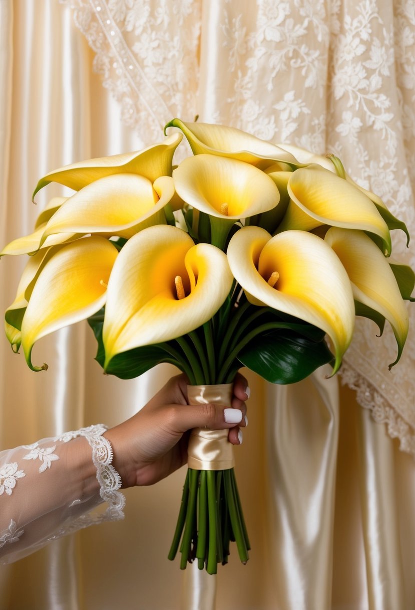 A golden calla lily wedding bouquet held against a shimmering backdrop of champagne-colored satin and delicate lace