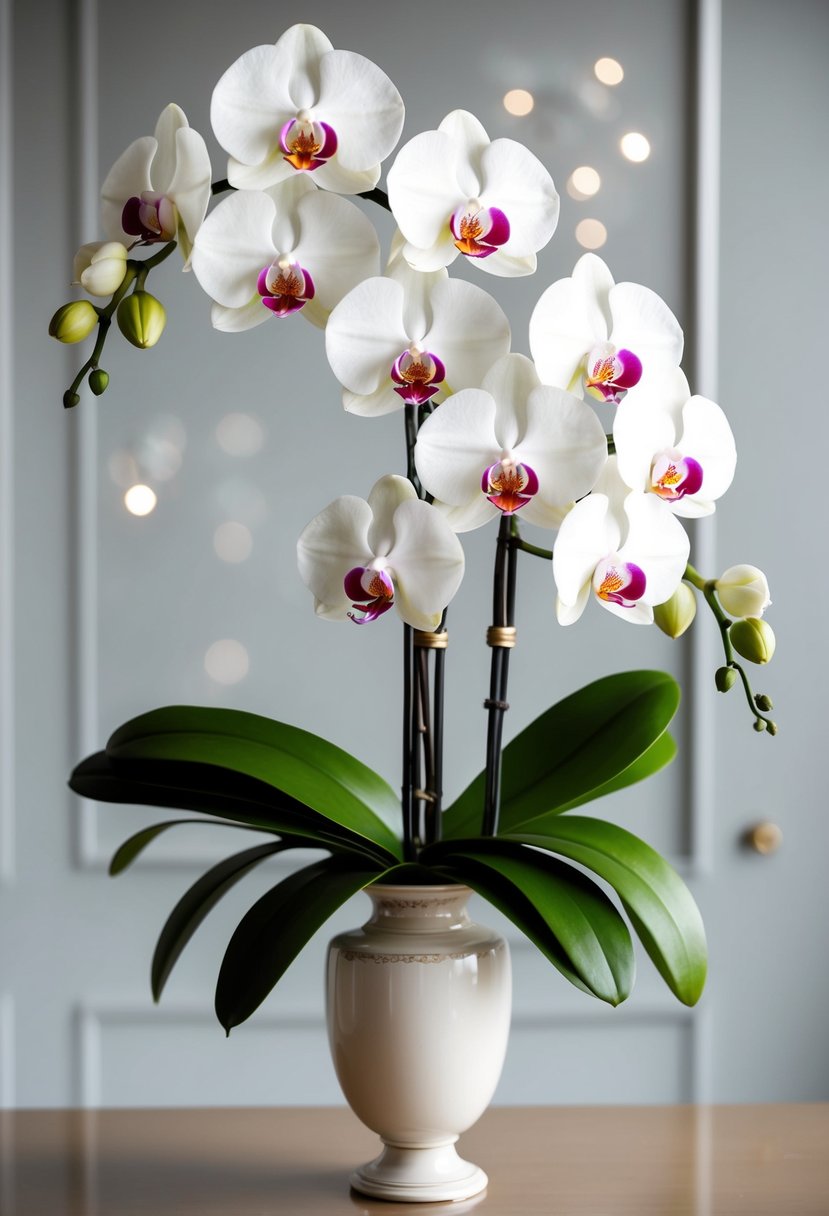 A pristine, all-white orchid bouquet arranged in an elegant vase